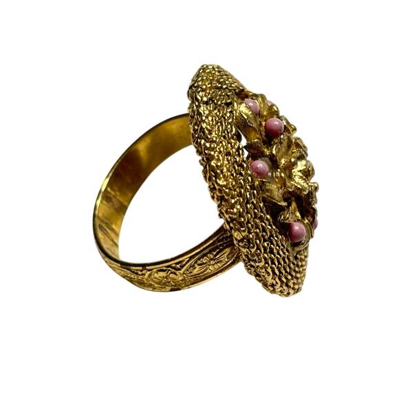 Vintage Mid Century cocktail ring golden mesh & tiny purple beads adjustable - Picture 8 of 8